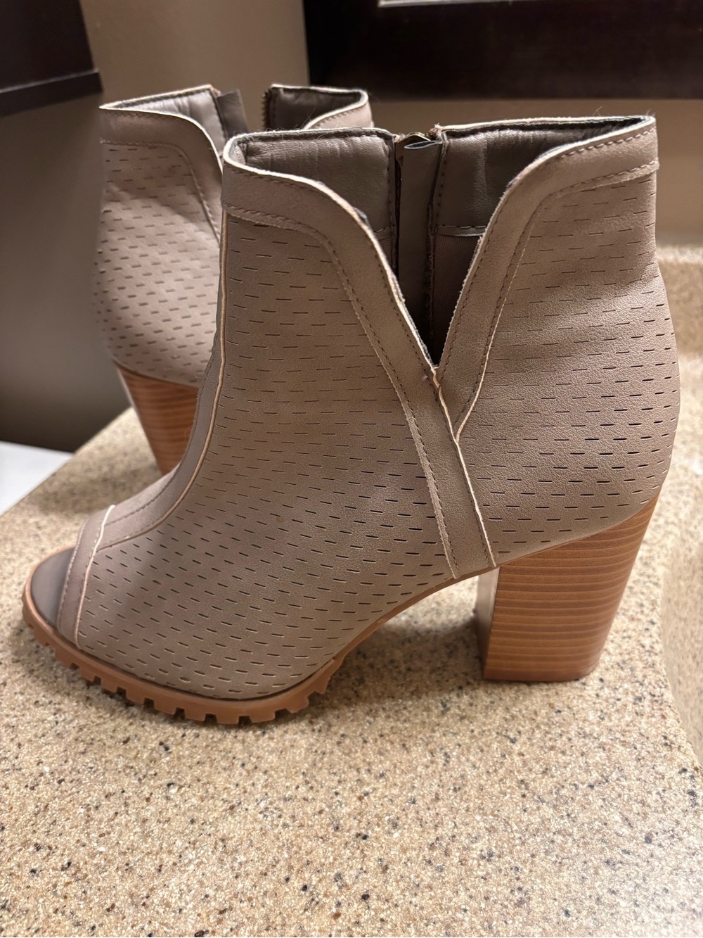 Women’s Peep-Toe Moto Ankle Boot in Taupe